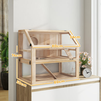 Wooden Hamster Cage with Detachable 31cm Deep Bottom, Hut, Seesaw, Exercise Wheel, Ramp, 80 x 50 x 76cm, Natural