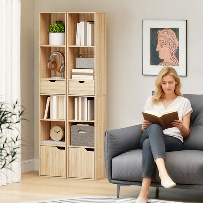 6-Tier Bookcase, Tall Narrow Bookshelf with Drawer and Door - Natural Wood Finish