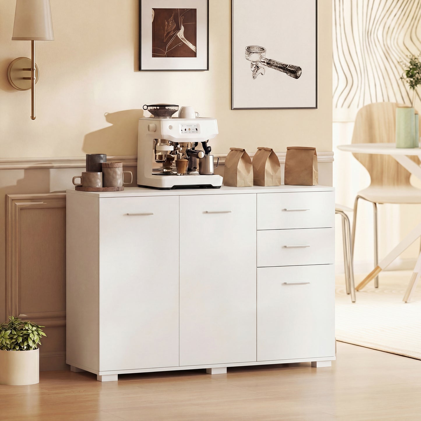 Sideboard, Modern Storage Cabinet with 2 Drawers, 3 Doors and Adjustable Shelves, White