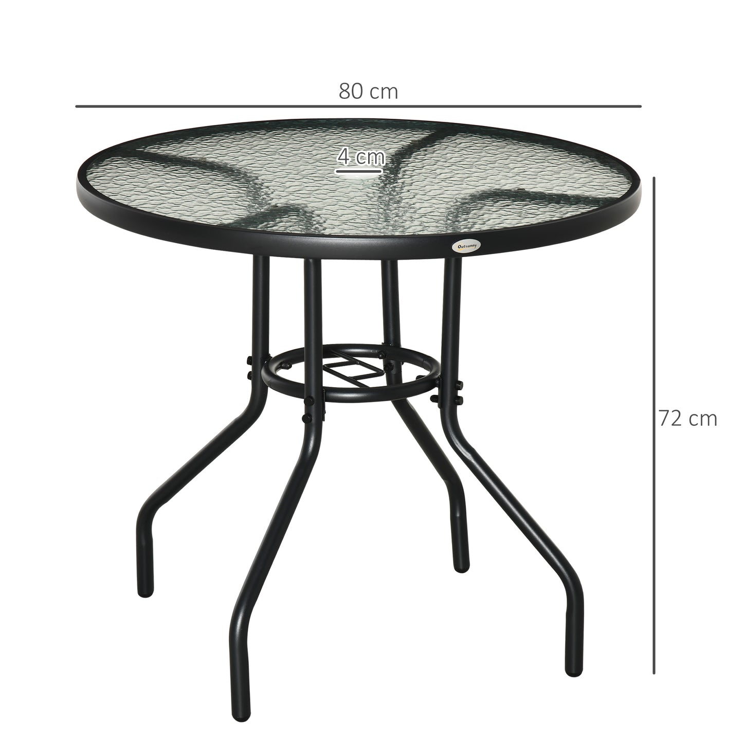 Outdoor φ80cm Round Dining Table Tempered Glass Top Steel Frame Bistro Coffee End Side Table Garden w/ Parasol Hole