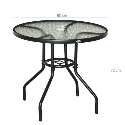 Outdoor φ80cm Round Dining Table Tempered Glass Top Steel Frame Bistro Coffee End Side Table Garden w/ Parasol Hole
