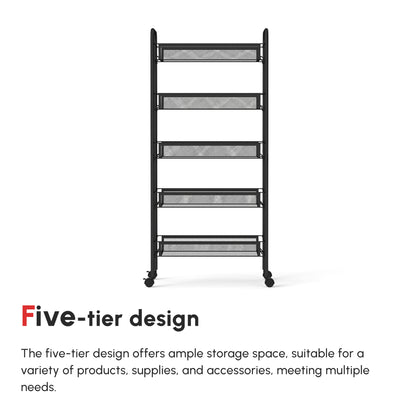 Five-Steel Mesh Basket Storage Trolley, with Wheels - Black