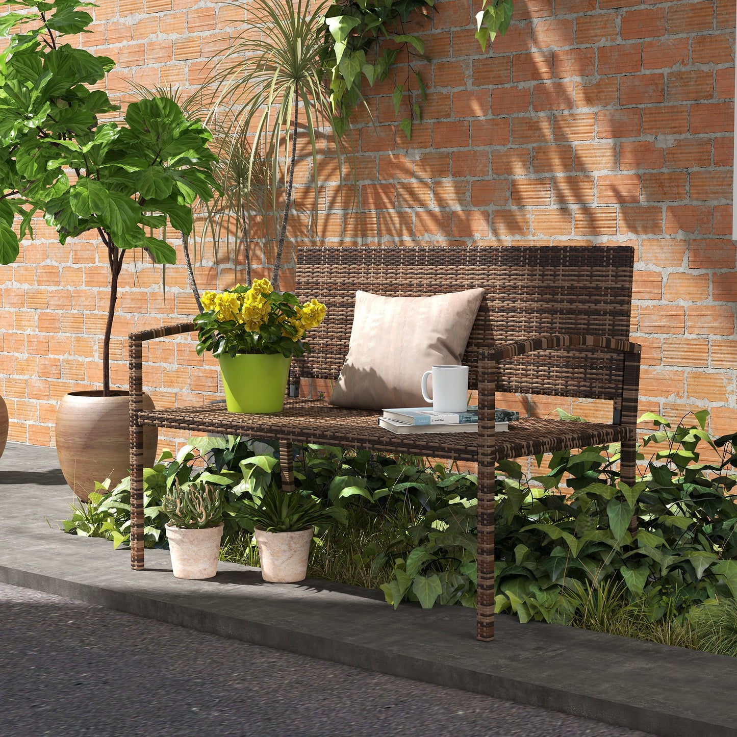 All Weather Wicker Garden Loveseat, 2 Seater Poly Rattan Garden Bench, Outdoor Seating Bench Brown