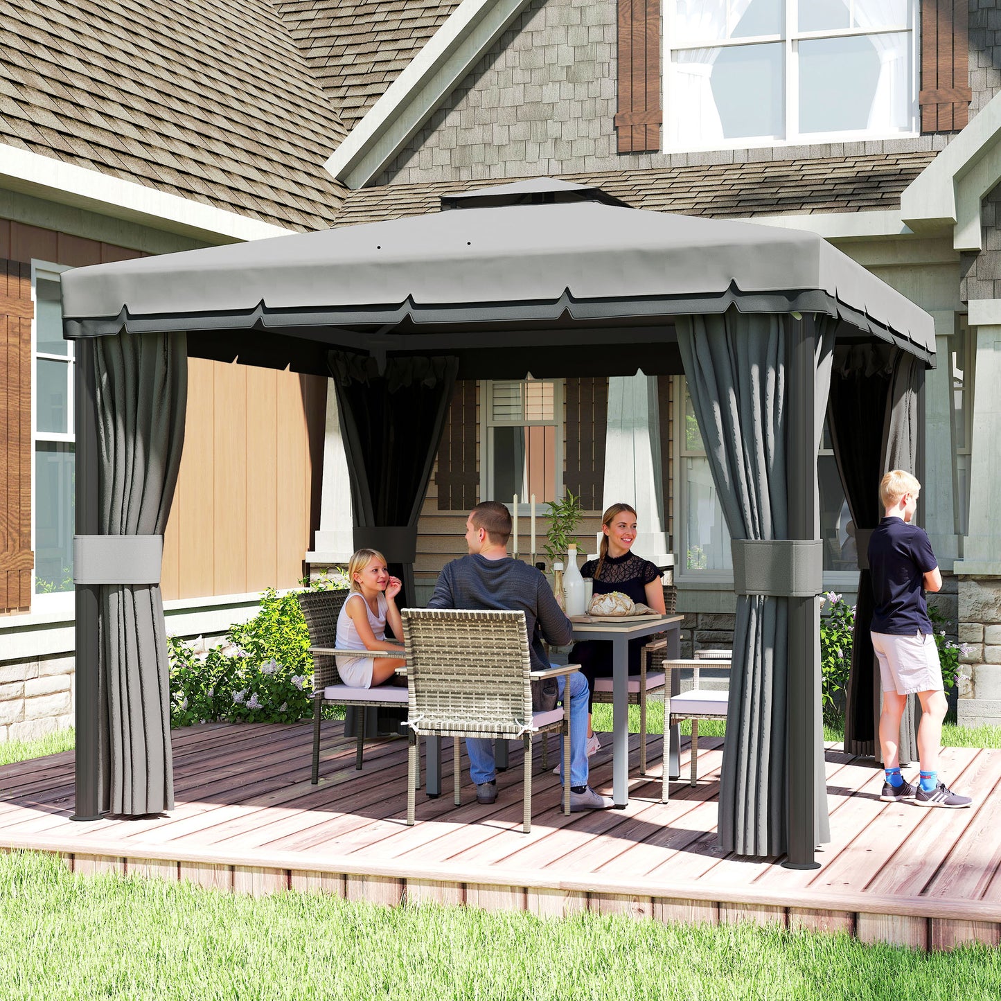 3 x 3(m) Patio Gazebo Canopy Garden Pavilion Tent Shelter Marquee with 2 Tier Roof, Netting and Curtains, Light Grey