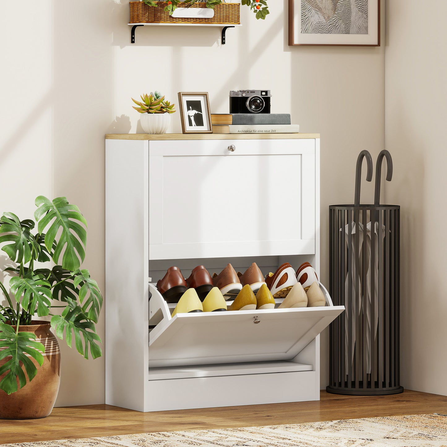 Two Flip Drawer Shoe Cabinet - White