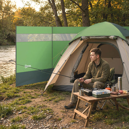 Camping Windbreaker with Clear Windows, Carry Bag and Steel Poles, for Beach Caravan Campervan, 440 x 140cm, Army Green