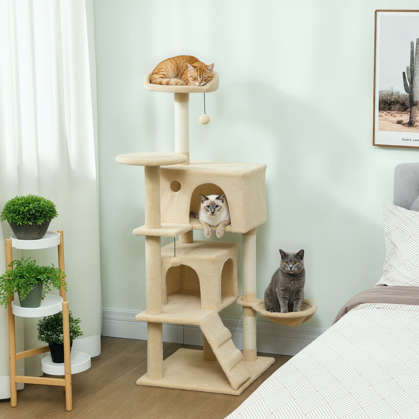 140cm Large Cat Tree Tower with Sisal Scratching Posts, Plush Perches, Hammock, Beige
