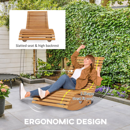 Outdoor Rocking Chair w/ Slatted Seat, Wooden Rocking Chair, 130cm x 60cm x 60cm, Light Brown