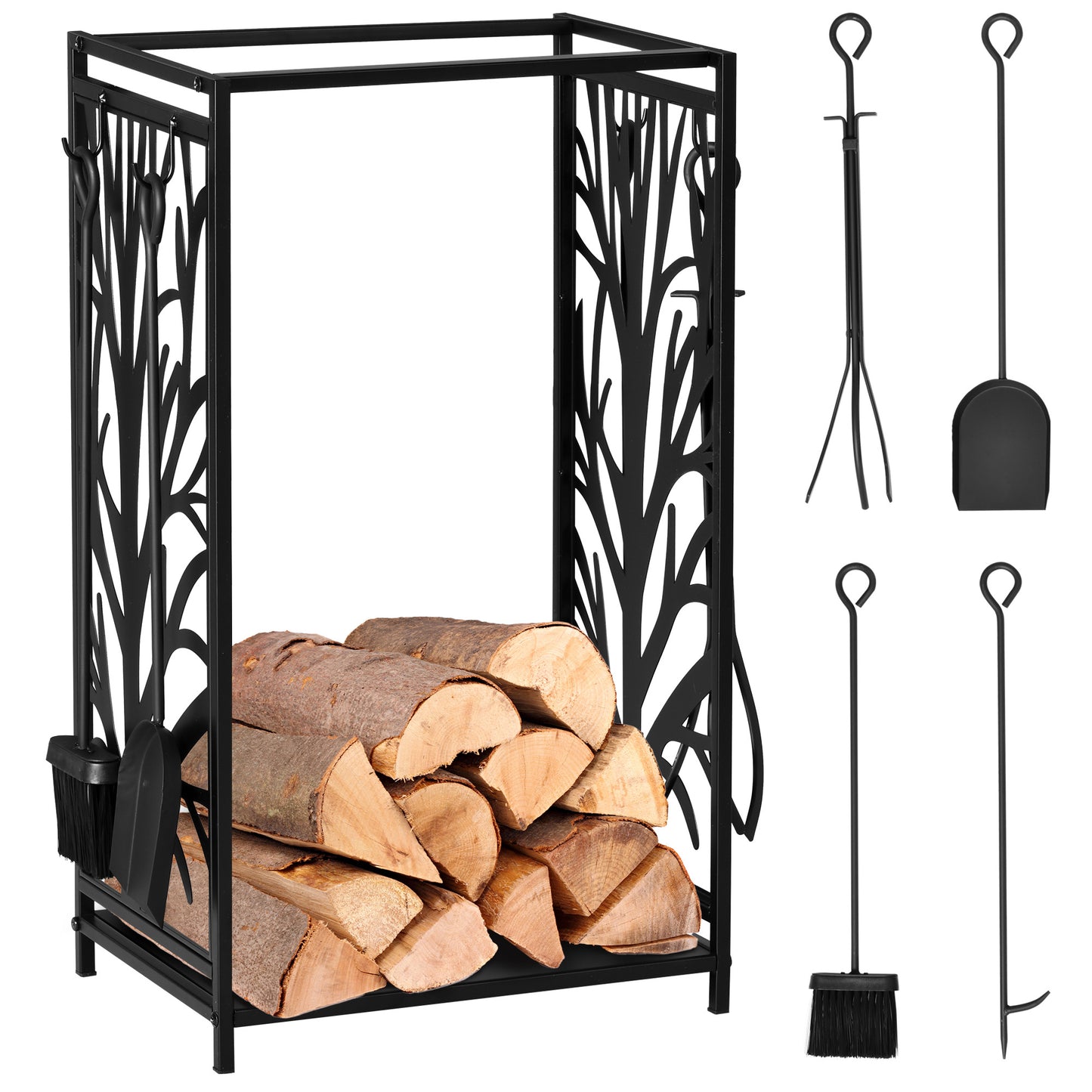 Steel Firewood Log Holder Indoor Outdoor Firewood Rack Fireplace Wood Storage Shelf with 4 Tools, Hooks, Tree Pattern Design