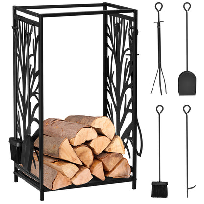 Steel Firewood Log Holder Indoor Outdoor Firewood Rack Fireplace Wood Storage Shelf with 4 Tools, Hooks, Tree Pattern Design