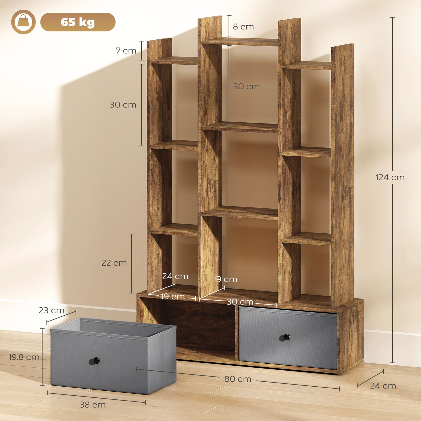 12 Shelf Storage Unit, with Drawers - Brown