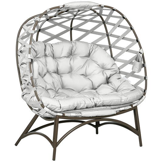 2 Seater Egg Chair Outdoor, Folding Weave Garden Furniture Chair with Cushion, Cup Pockets - Light Grey