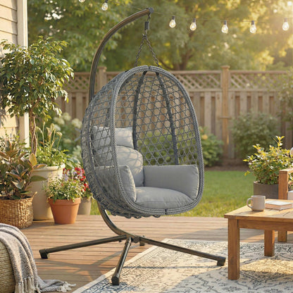 Hanging Egg Chair, Indoor Outdoor Rattan Hammock Swing Chair with Stand, Safety Strap, Foldable Basket, Dark Grey