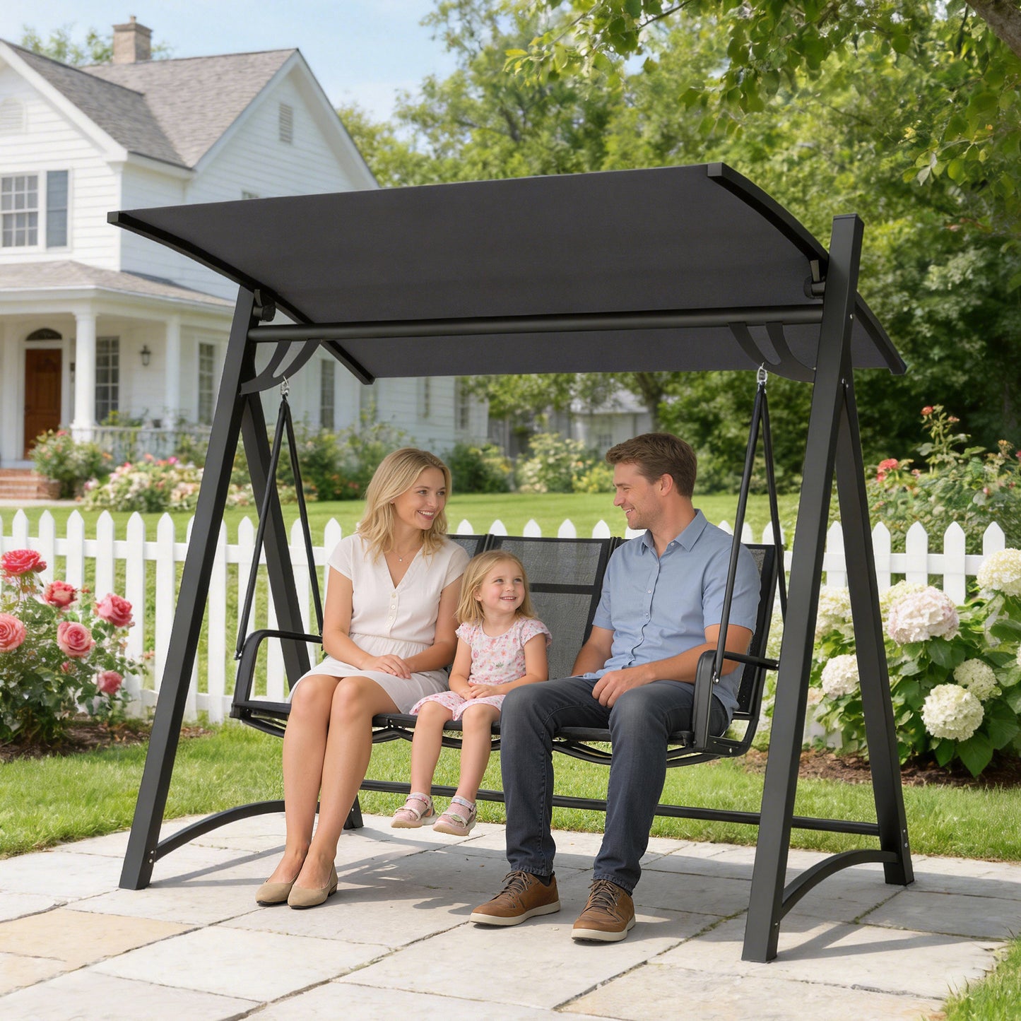 3 Seater Swing Chair, Garden Swing Bench with Adjustable Tilting Canopy, Breathable Mesh Seat 360 kg Capacity, Grey