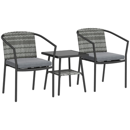 3 Pieces Rattan Bistro Set with Cushions, Wicker Garden Furniture Set, Glass Top Coffee Table and Chairs for Outdoor Patio
