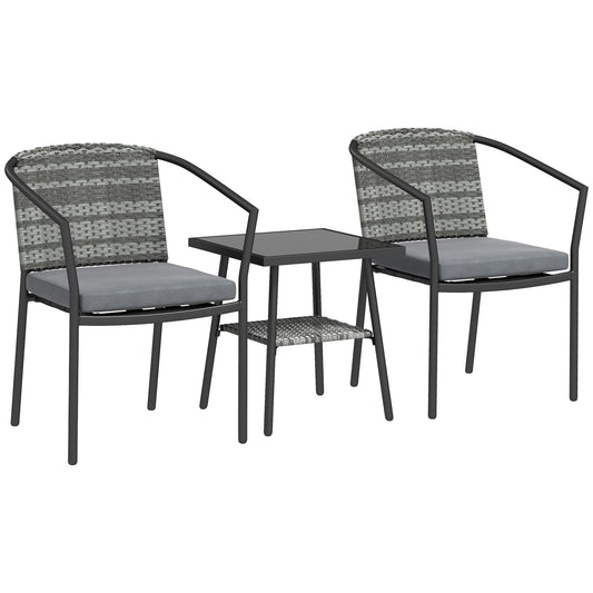 3 Pieces Rattan Bistro Set with Cushions, Wicker Garden Furniture Set, Glass Top Coffee Table and Chairs for Outdoor Patio