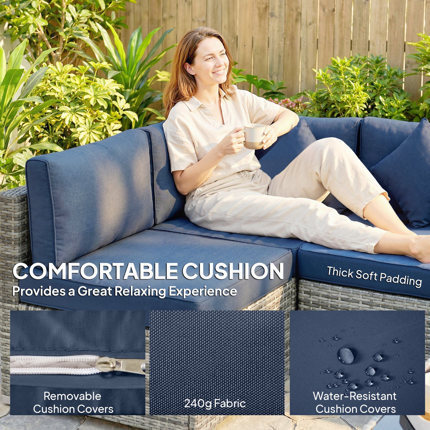 8 Pieces PE Rattan Corner Sofa Set, Outdoor Garden Furniture Set, Patio Wicker Sofa Seater with Cushion, Dark Blue