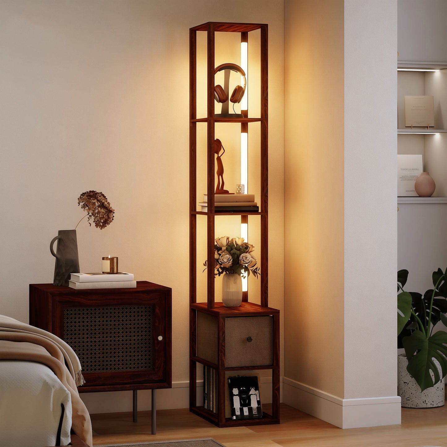 Floor Lamp with Shelves, LED Column Modern Standing Lamp with Fabric Drawer, Adjustable Brightness