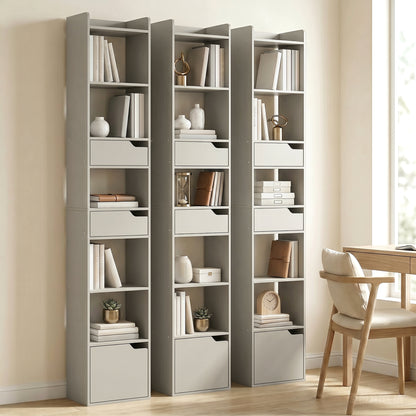 Bookcase Tall Narrow with 5 Tiers and Drawers Freestanding Bookshelf Storage Cabinet for Living Room Grey