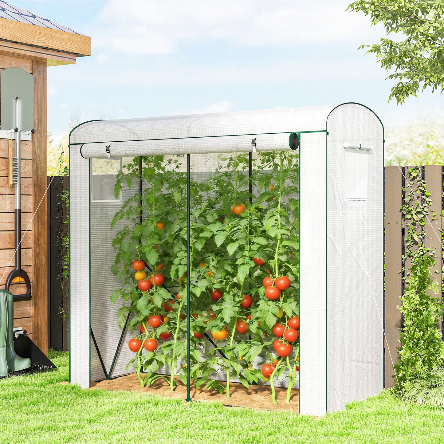 Mini Greenhouse, Garden Tomato Growhouse with Roll-Up Door and 2 Mesh Windows, PE Cover, 200 x 75 x 188 cm, White