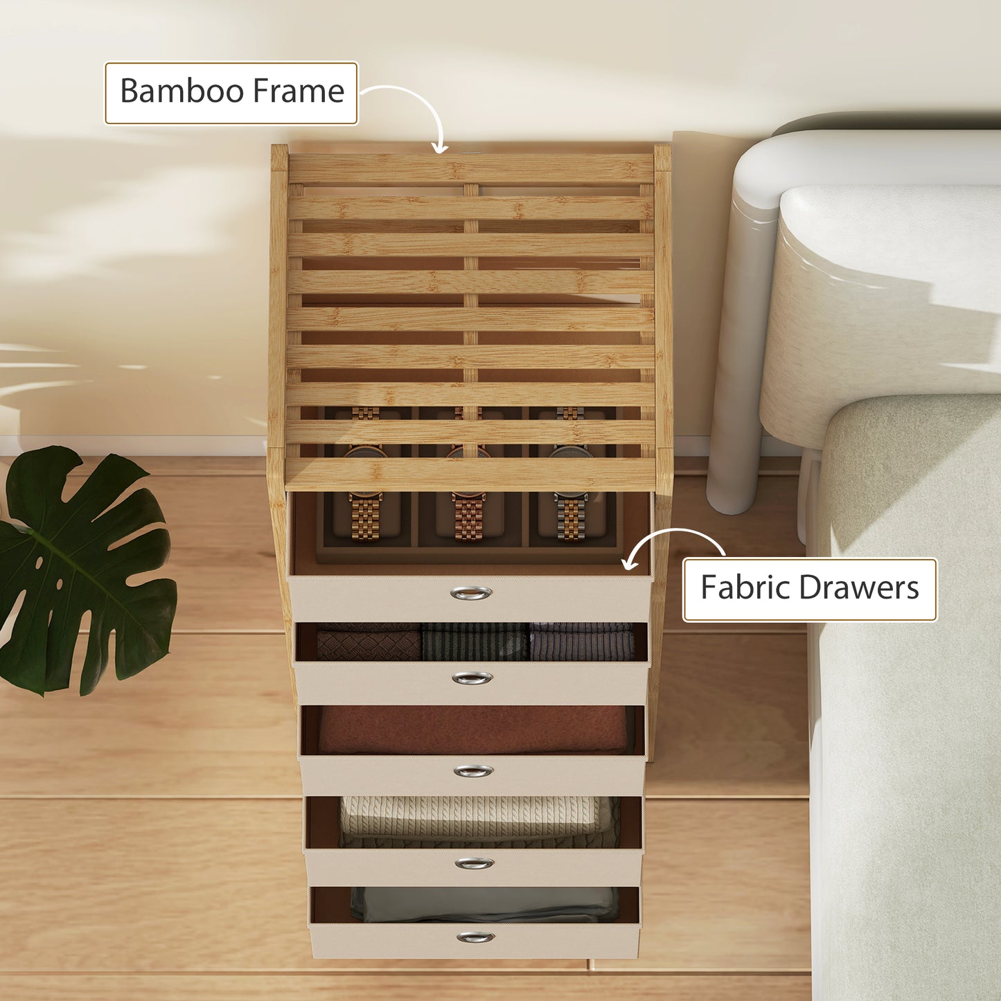 Chest of Drawers, 5 Fabric Drawers Narrow Dresser with Bamboo Frame, Cream White