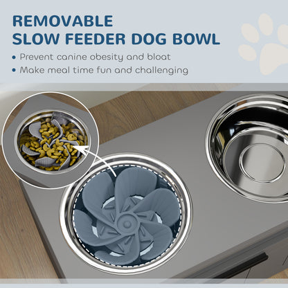 Raised Dog Bowl with Slow Feeder, Two Stainless Steel Dog Bowls, Drawer, for Large and Extra Large Dogs, Grey