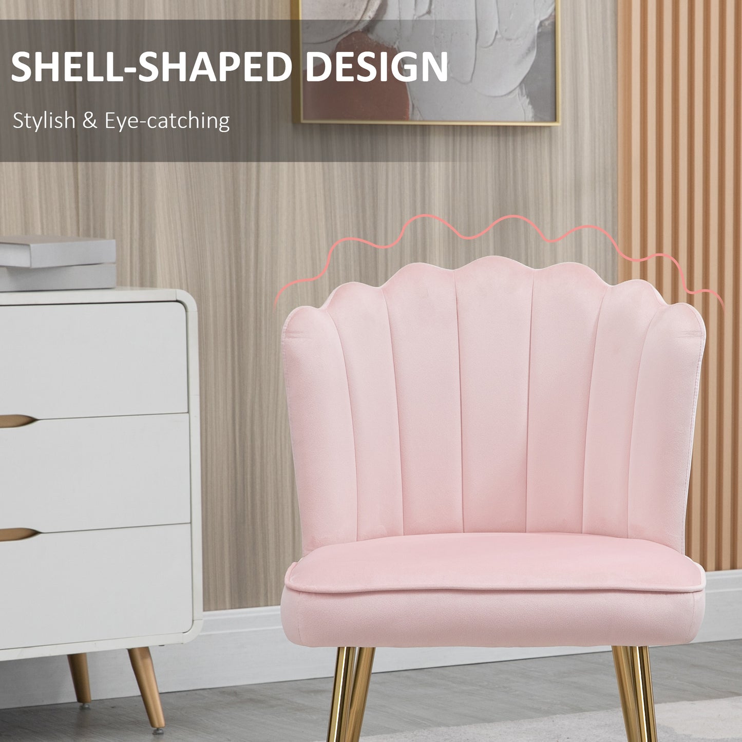 Velvet-Feel Shell Accent Chair with Metal Legs and Comfort Padding - Pink