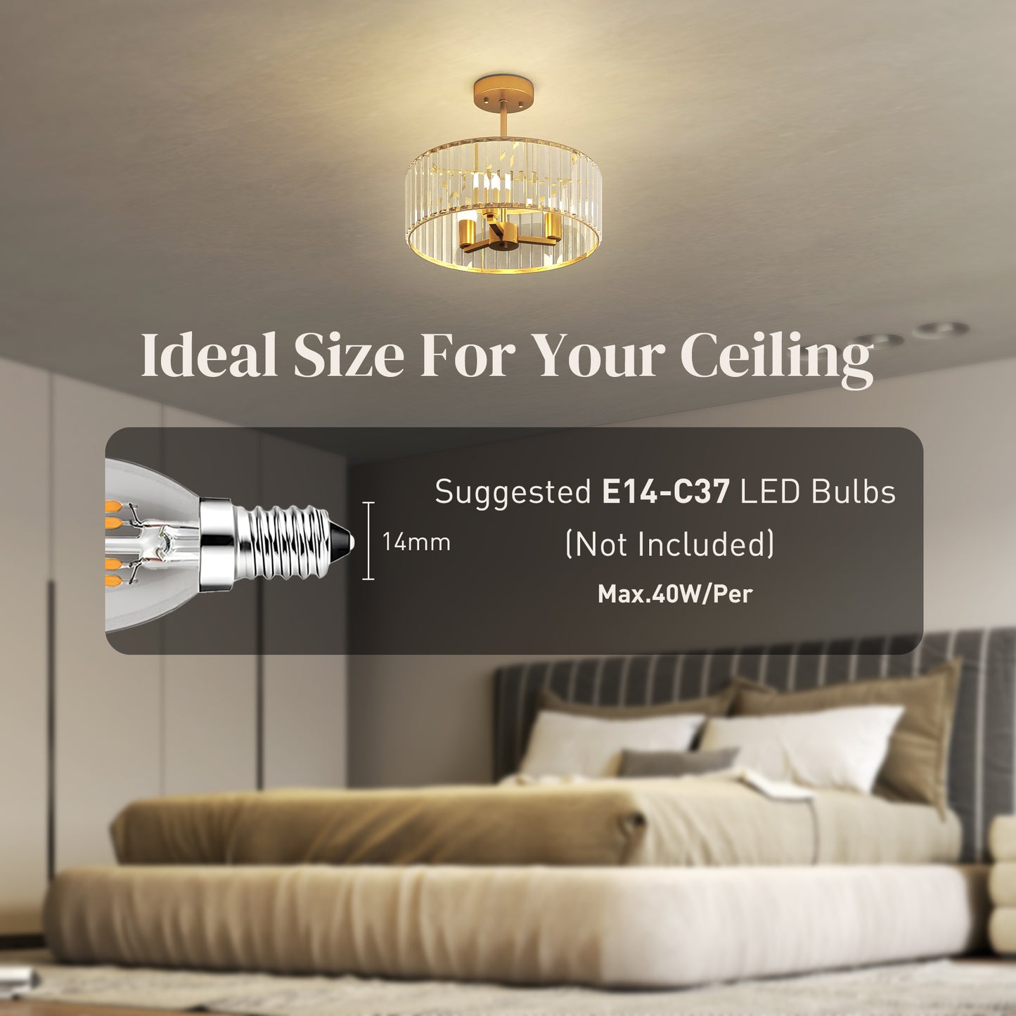 Crystal Ceiling Light Fixture, 39 cm Semi Flush Mount Modern Crystal Chandelier Ceiling Light for Living Room, Bedroom