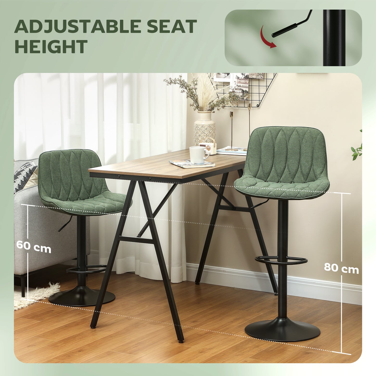 Breakfast Bar Stools Set of 2 Linen upholstery 60-80cm Adjustable Height - Green