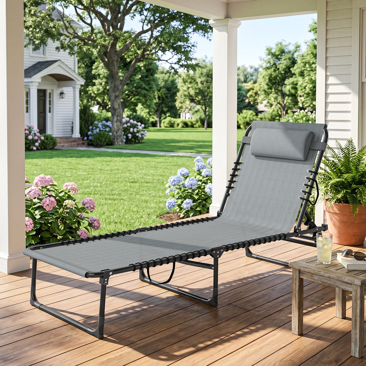 Folding Sun Lounger, with Four-Position Back - Light Grey