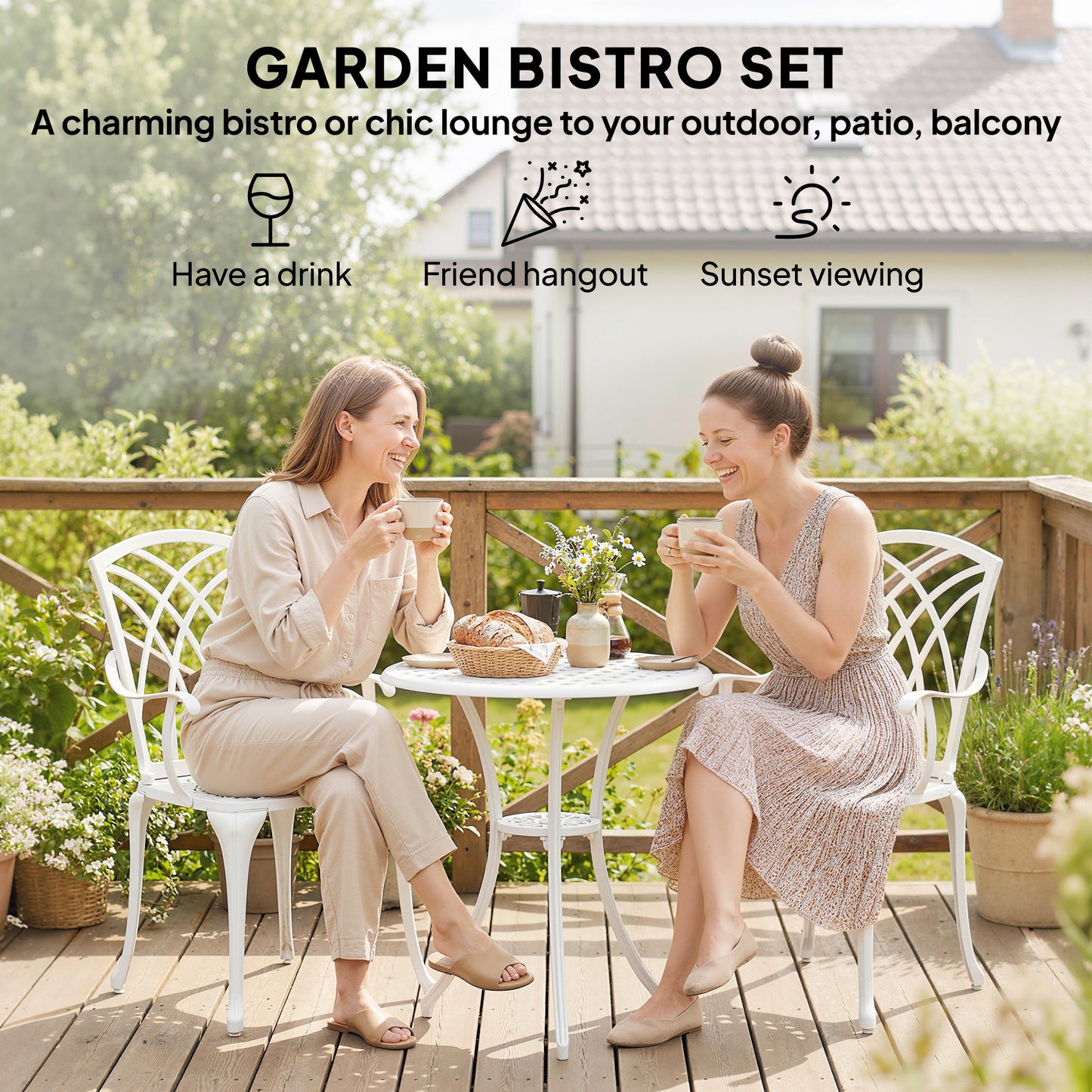3 Pieces Garden Bistro Set, Cast Aluminium Outdoor Dining Set with 2 Chairs and Round Table with Parasol Hole, White