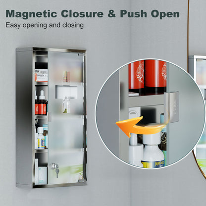 4 Tier Stainless Steel Wall Mounted Medicine Cabinet Glass Lockable Door Storage Shelves Houseware Bathroom Furniture 60Hx30W