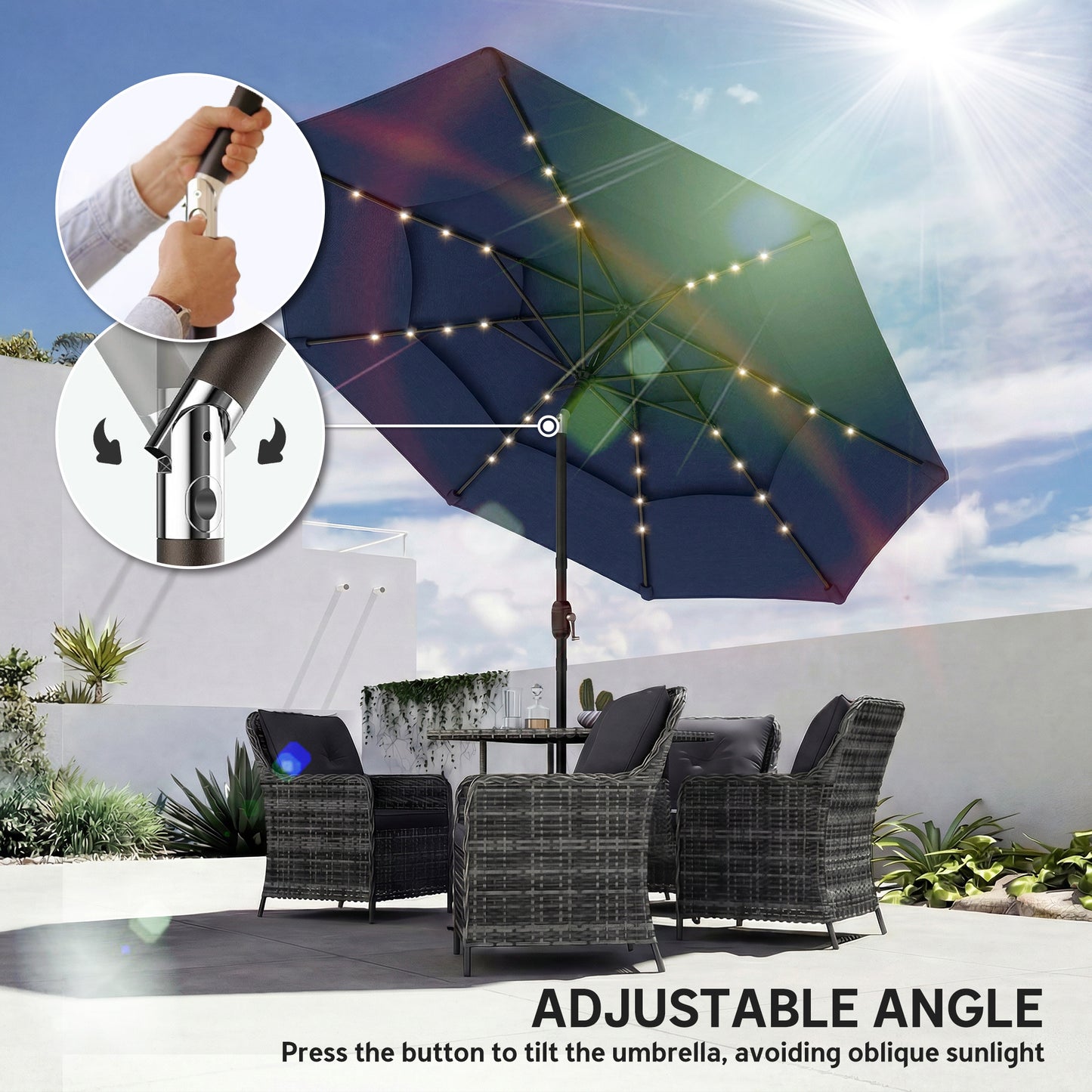 2.8 m Garden Parasol Umbrella with LED Solar Light, Parasol Cover, 3 Tier Outdoor Table Market Patio Umbrella, Navy Blue