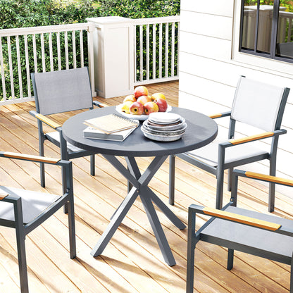 Garden Table, 85cm Round Outdoor Dining Table with Steel Frame, Wood Effect Top, for Balcony, Deck, Dark Grey