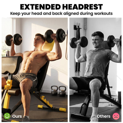 Adjustable Weight Bench for Home Gym, 300kg Incline Decline Flat Foldable Bench Press with 7 Backrest Positions, Yellow