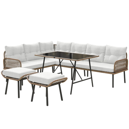 6 Piece Rattan Garden Furniture Set, 8 Seater Garden Corner Sofa with Cushions and Glass Top Table