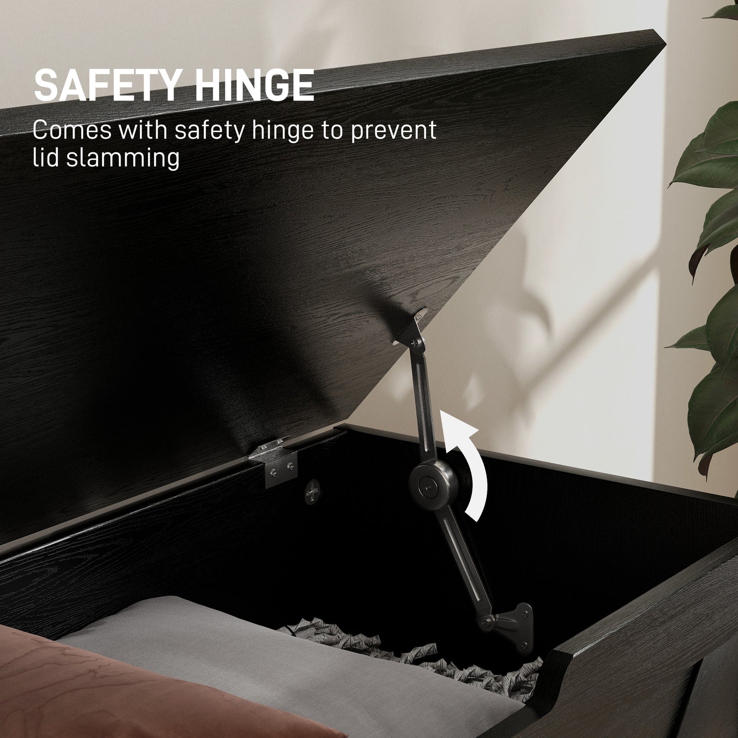 100L Home Storage Box, with Safety Hinge - Black Wood-Effect