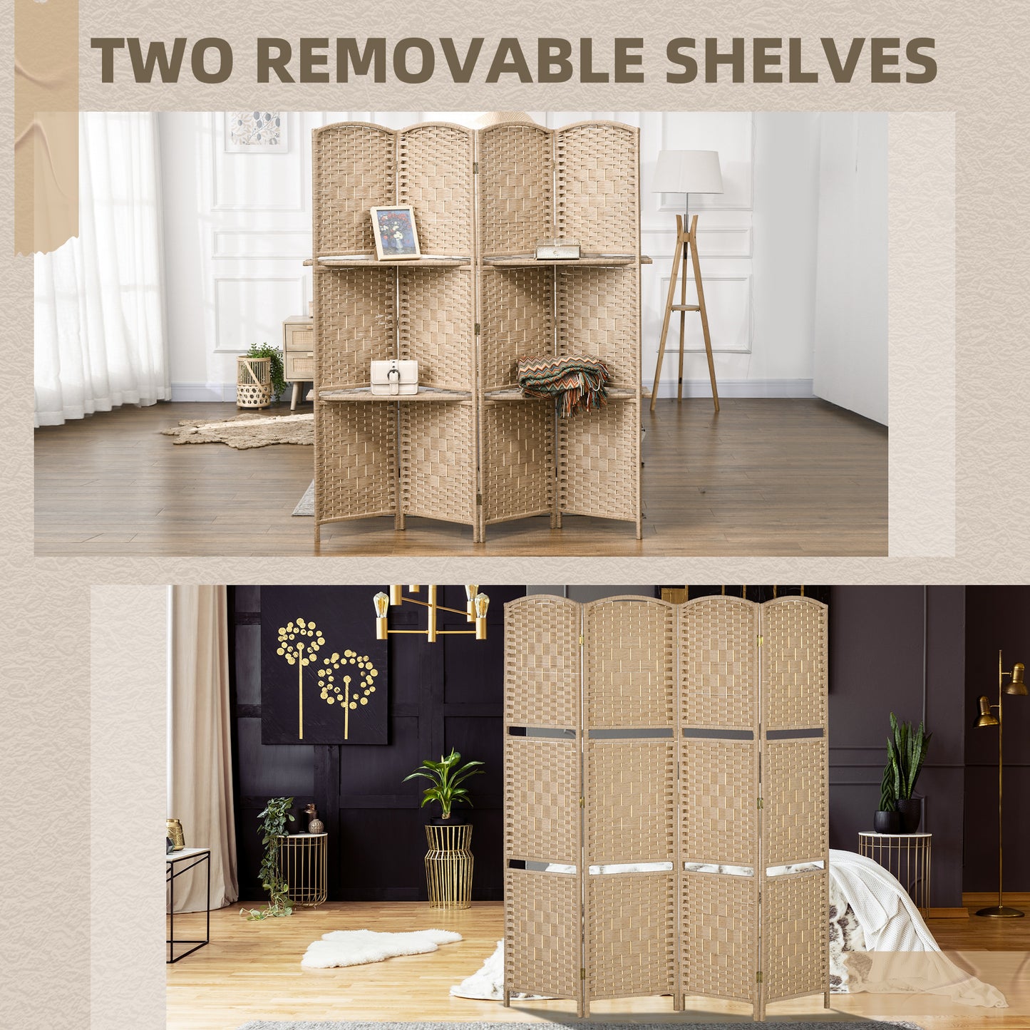 Freestanding Privacy Screen, 4 Panel Folding Room Divider for Living Room, Bedroom and Office, 160 x 170cm, Natural