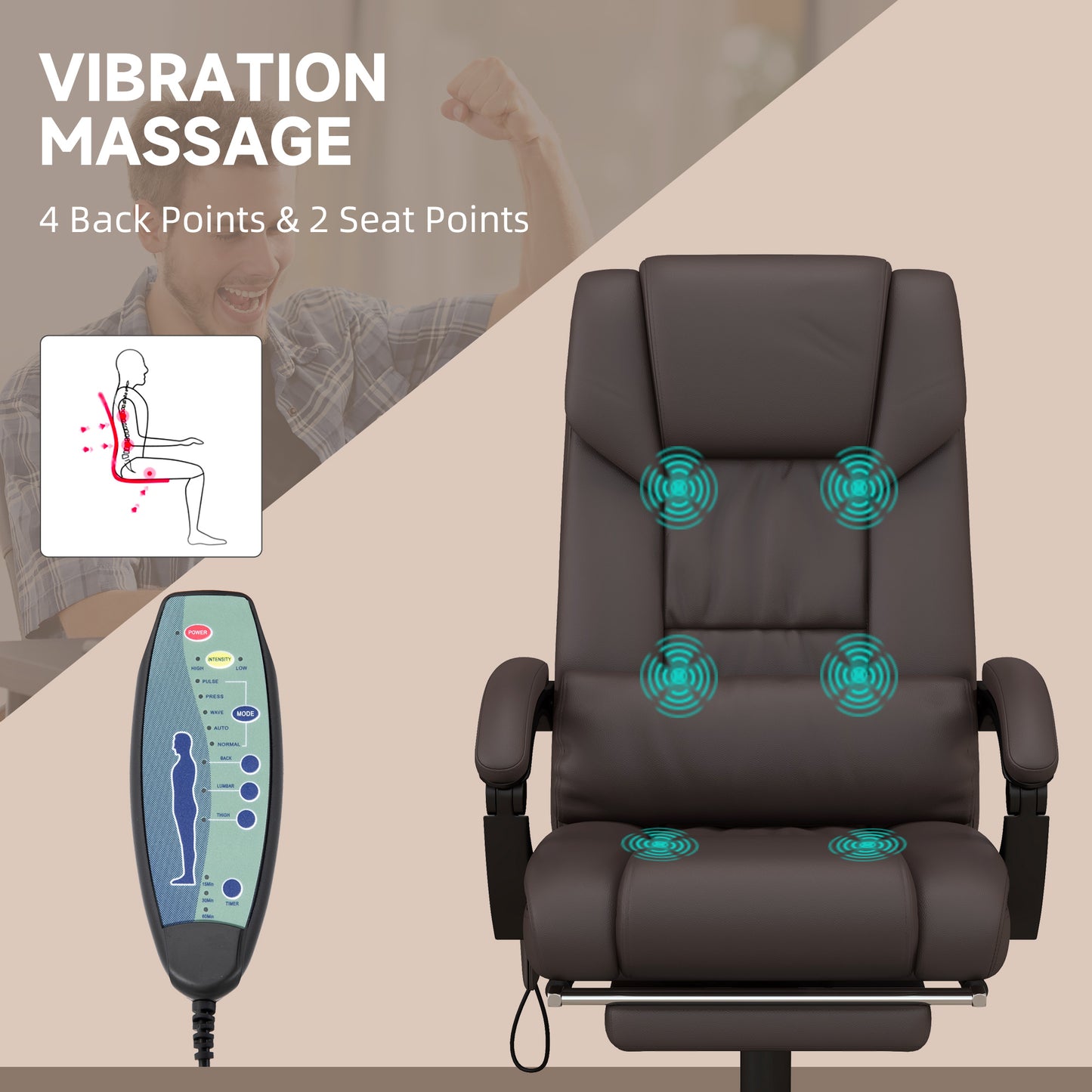 6-Point Massage Office Chair, PU Leather Desk Chair with Adjustable Height and Footrest for Home Office, Brown