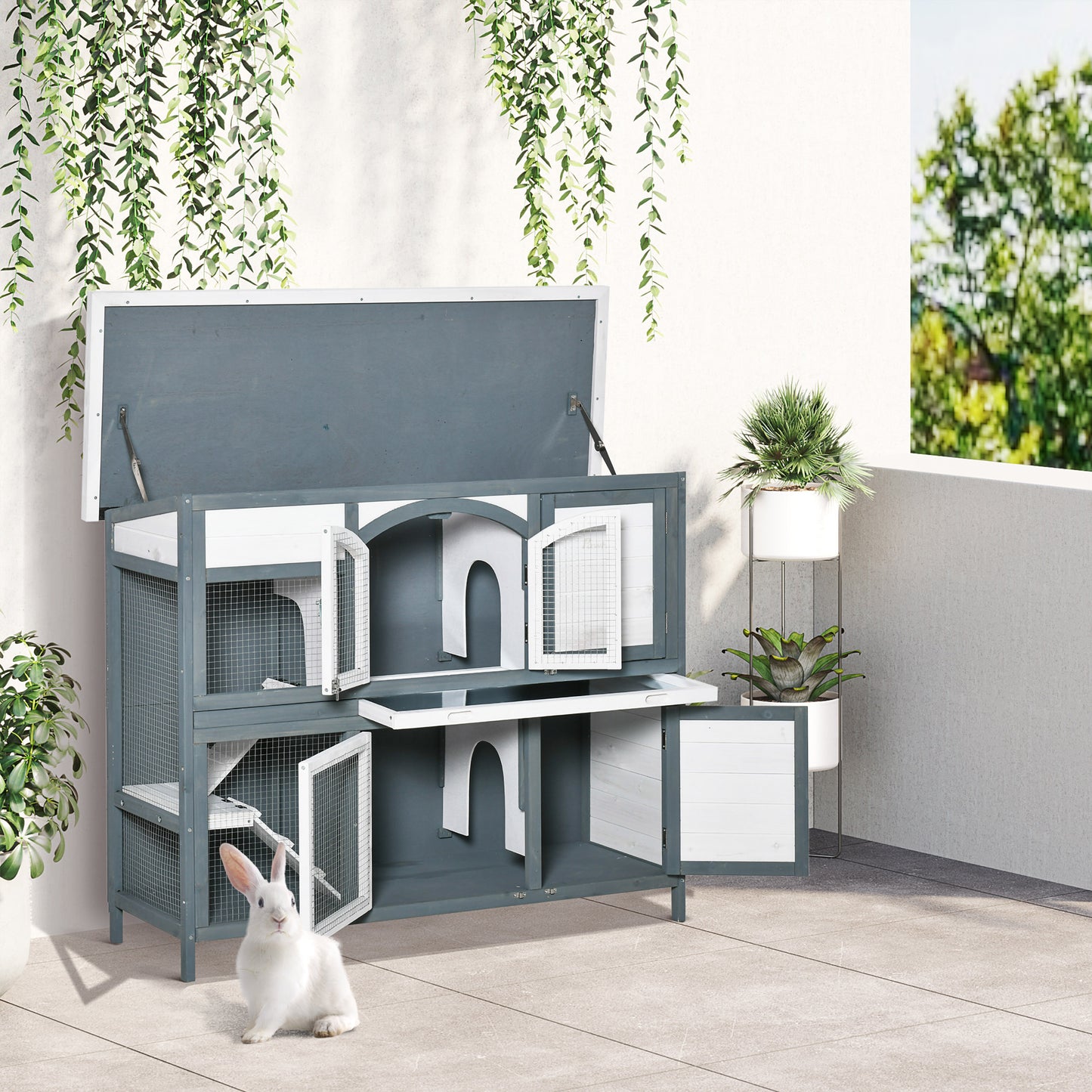Rabbit Hutch Outdoor Guinea Pig Hutch 2 Tier Wooden Cage w/ Ramp, Divider, Openable Roof, 125 x 48 x 100cm - Grey