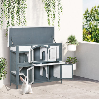 Rabbit Hutch Outdoor Guinea Pig Hutch 2 Tier Wooden Cage w/ Ramp, Divider, Openable Roof, 125 x 48 x 100cm - Grey