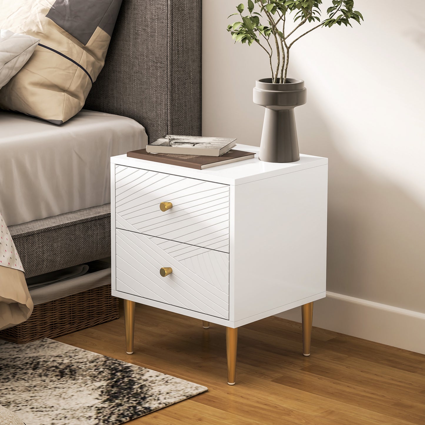 Elegant Two-Drawer Bedside Table - White/Gold-Tone