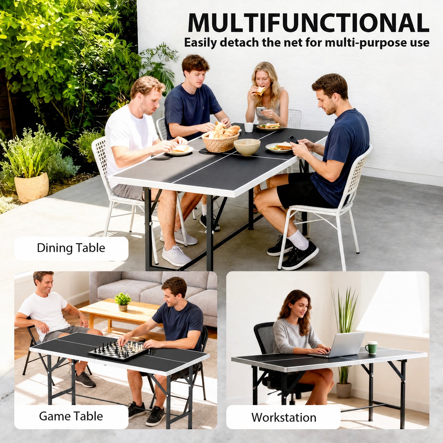 5ft Mid-Size Table Tennis Table, Ping Pong Table with Net, 2 Table Tennis Paddles and 3 Balls for Indoor Game, Black