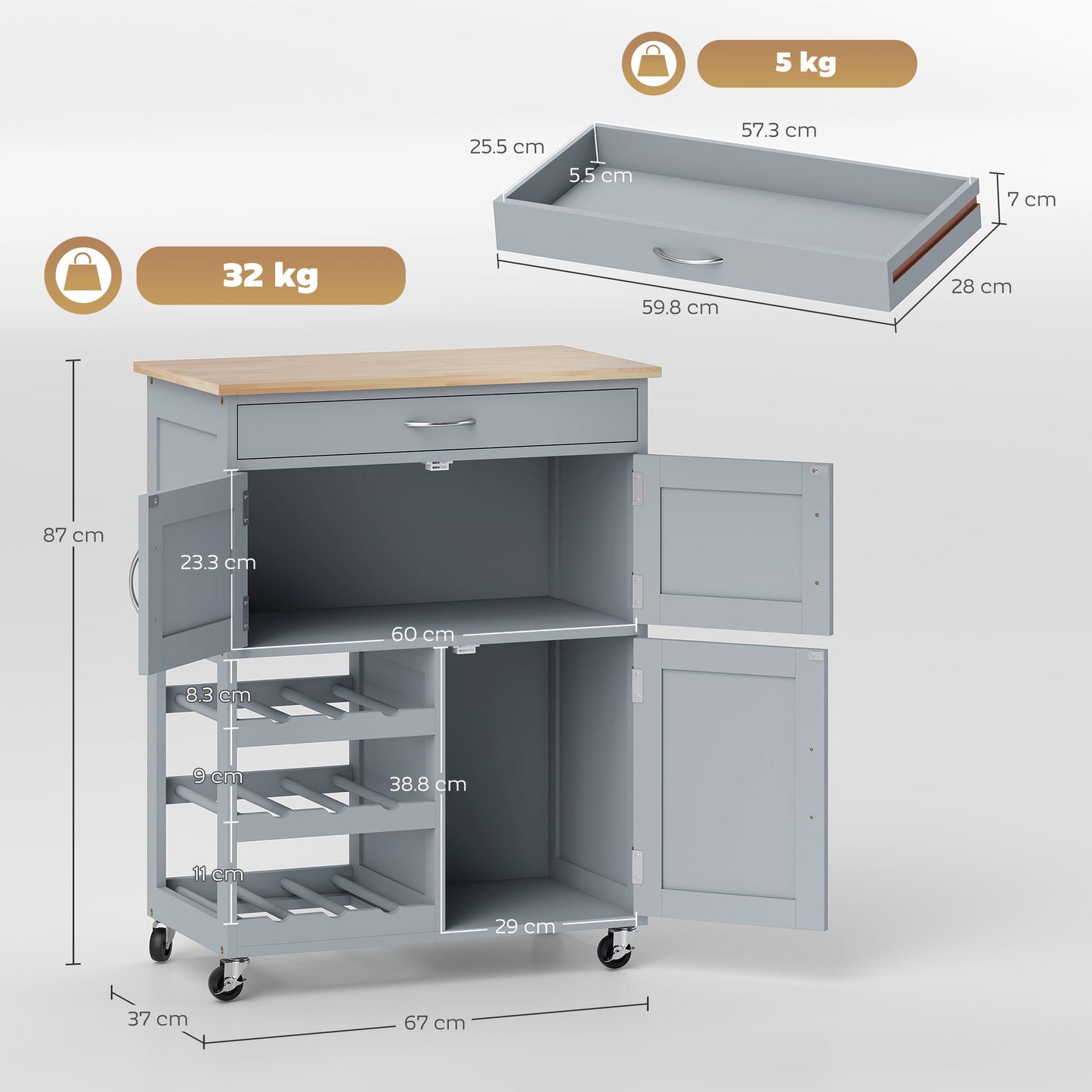 Modern Kitchen Trolley, Rolling Island Storage Cart with Drawer, 9-bottle Wine Rack, Door Cabinets, Wooden Countertop, Grey