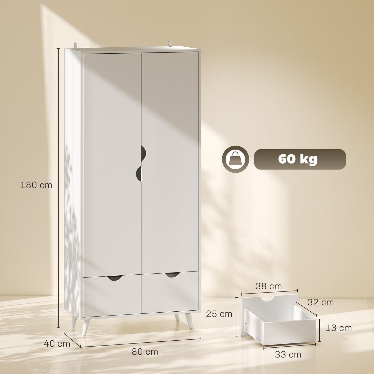 Elegant Home Storage Organisation Furniture, 2-Door Clothes Wardrobe with 2 Drawers, Wood Feet, White