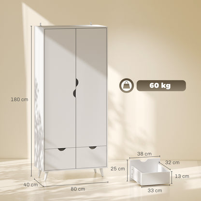 Elegant Home Storage Organisation Furniture, 2-Door Clothes Wardrobe with 2 Drawers, Wood Feet, White