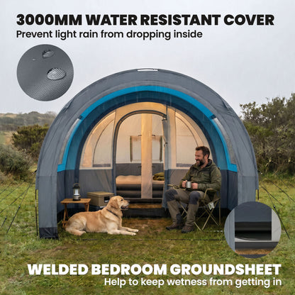 Three Man Duo Room Tunnel Tent, with Accessories - Grey/Blue