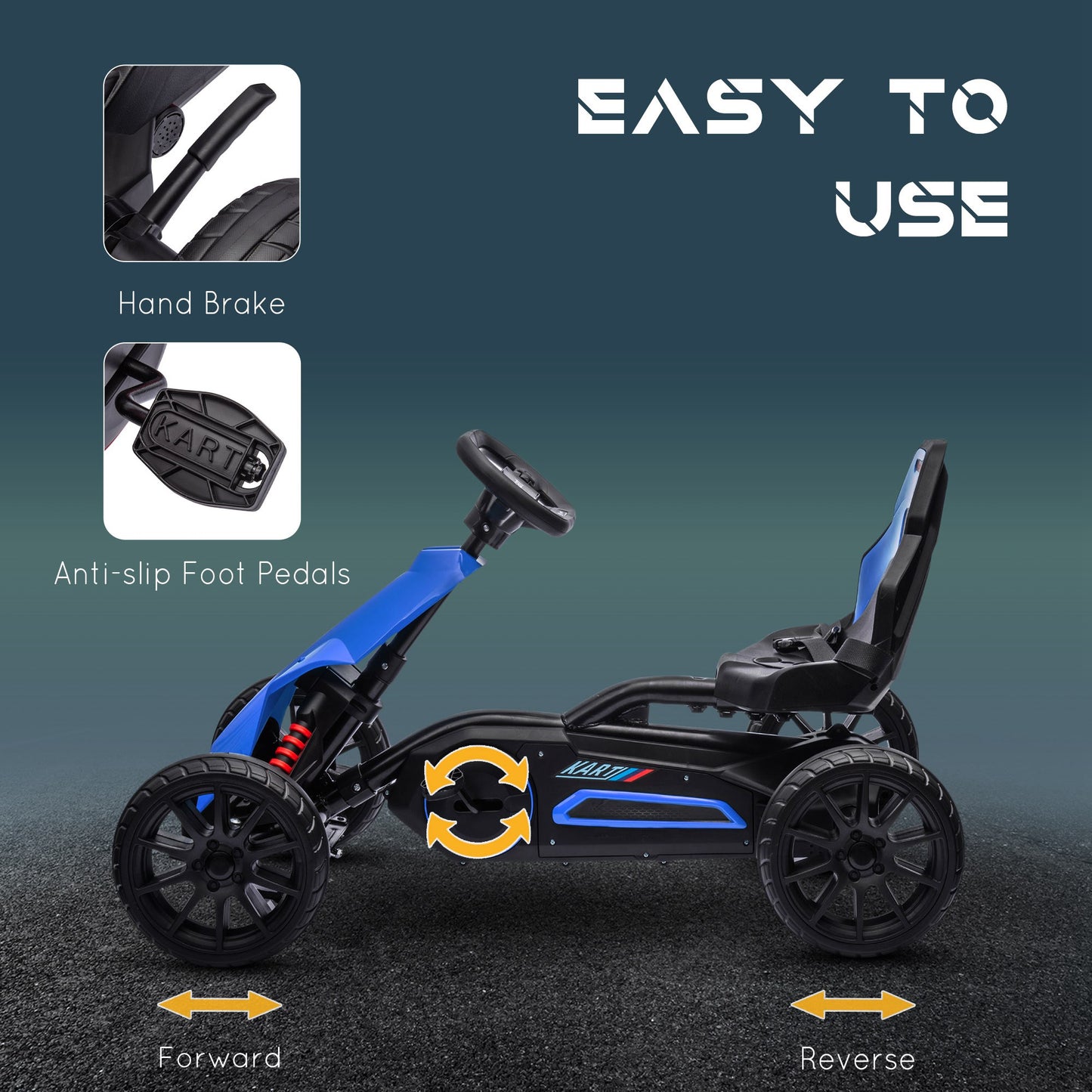 Kids Pedal Go Kart, with Adjustable Seat, EVA Wheels, Seat, Handbrake - Blue
