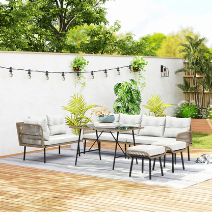 6 Piece Rattan Garden Furniture Set, 8 Seater Garden Corner Sofa with Cushions and Glass Top Table