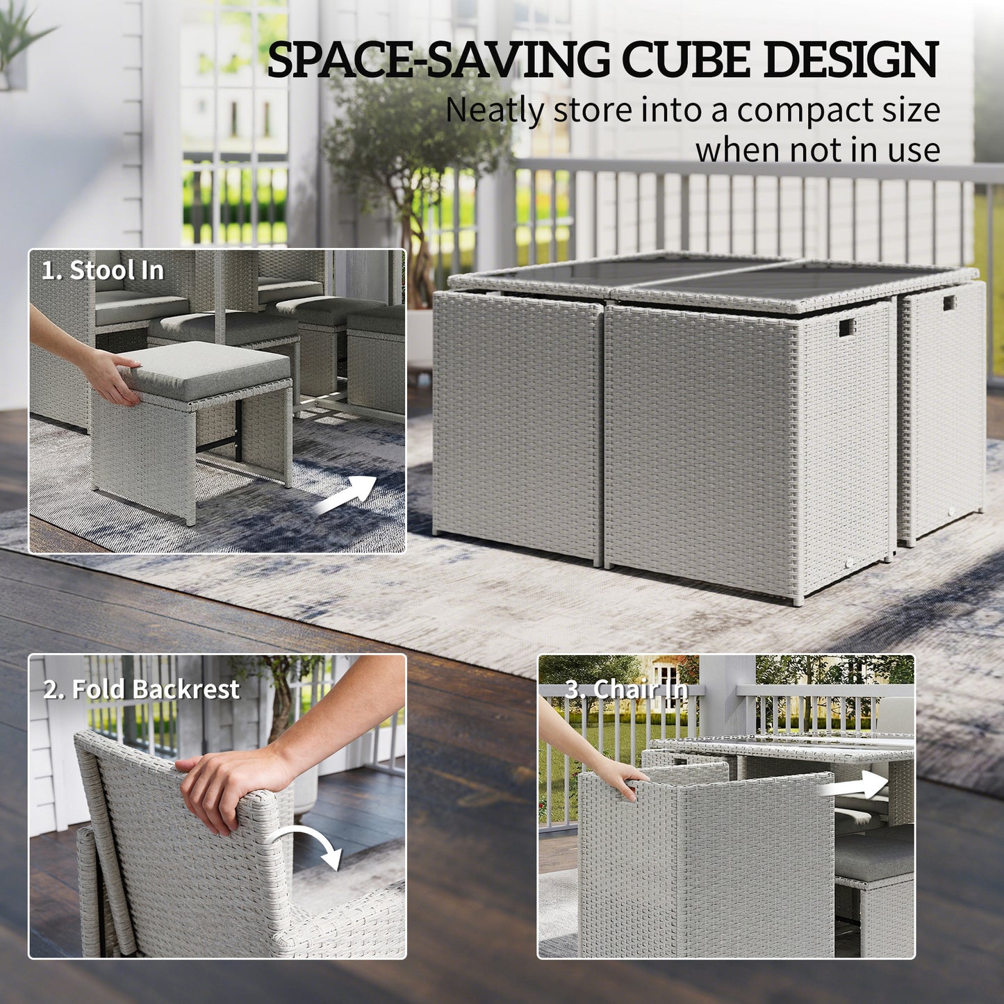 9 Piece Rattan Cube Garden Furniture Dining Set with Armchairs, Footstools and Glass-Top Table, Light Grey